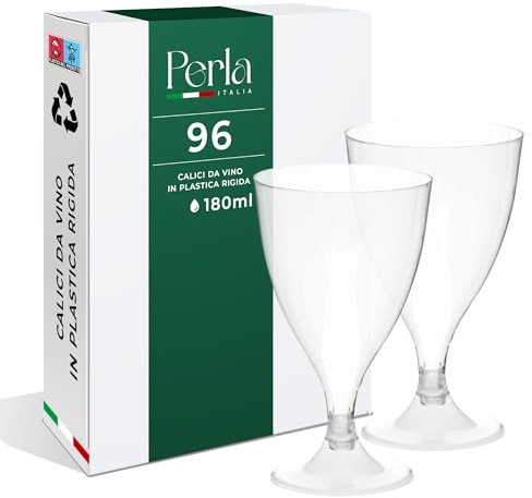 Perla - 60 Calici da Vino in Plastica Rigida Trasparente180ml - Bicchieri Resistenti e Riutilizzabili - Bicchiere Calice Vino per Compleanni - Matrimoni e Feste