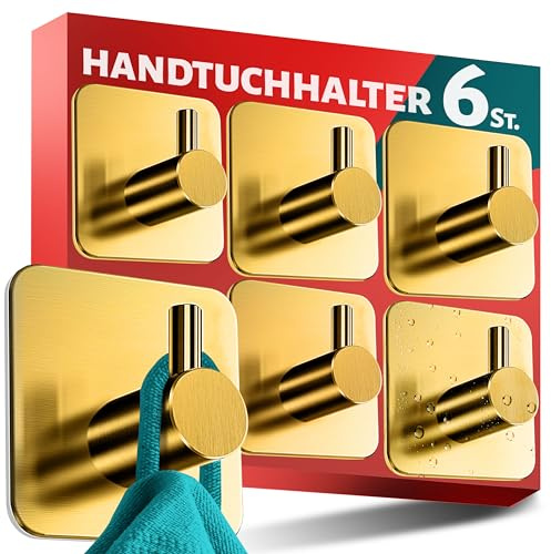 Menz Handtuchhalter ohne Bohren Edelstahl, 6er Set, Golden | Wasserfeste Badezimmer Handtuchhalter, Klassische Klebehaken fürs Bad, Haken selbstklebend als stabil Handtuchhaken