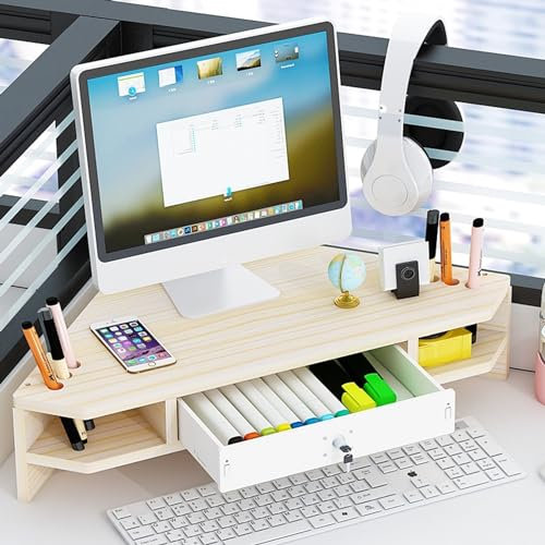 Eck-Monitorständer, 2-stöckig, dreieckig, Monitorerhöhung mit Schublade, ergonomischer Büro-Schreibtisch-Organizer (Hellgelb)
