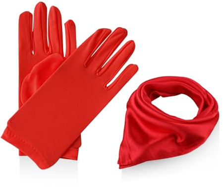 CWPFVQA 1 Paar Rote Handschuhe, 1 Roter Seidenschal, Prinzessinnen-Satinhandschuhe, Brauttanzhandschuhe, Fingertanzhandschuhe, Rote Damenhandschuhe