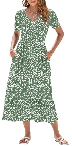 AUSELILY WNEEDU Sommarklänning damer lång kortärmad klänning maxiklänning damer sommar v-ringad Empire midja strandklänningar med fickor, Olivgröna blad, XL