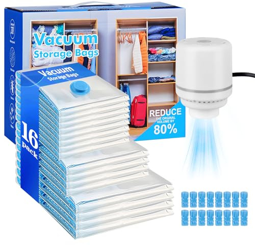 Jubaopen 16+1PCS Vakuumbeutel für Kleidung mit Elektrischer Luftpumpe Vacuum Bags for Clothing Vakuumbeutel Set Reise Vakuumbeutel in 3Größen (8pcs x40x60cm/4pcs x60x80cm/4pcs x80x100cm)