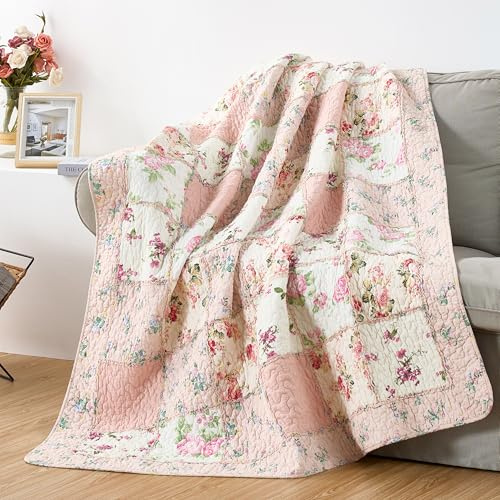 Chezmoi Collection Abbi 1-Piece Garden Floral Pink Shabby Chic Throw Pre-Washed Cotton Ruffle Trim Patchwork Throw Blanket