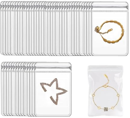 Wanfoou Sacchetti per gioielli in plastica PVC trasparente, 100 pezzi, piccoli sacchetti per gioielli, autosigillanti, con cerniera, in PVC trasparente, per riporre bracciali, anelli, orecchini