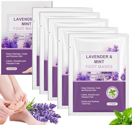 5 Pairs Lavender & Mint Foot Mask - Foot Moisturiser Socks Dry Feet - Cracked Heel Repair Treatment - Soothes,Exfoliates & Replenishes Feet - Foot Care for Women,Men,Teenager