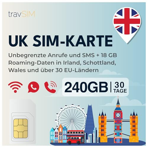 travSIM UK SIM Card | 240 GB di dati + chiamate e SMS illimitati nel Regno Unito | 18 GB di roaming in Europa | Velocità 4G/5G elevate | Valida per 30 giorni