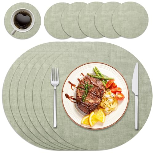 Purejoy Round Placemats and Coaster Sets 6, Christmas Table Mats PU Leather Heat-Resistant Washable and Non-Slip, ø35 cm Dinner Table Mats Set of 6 for Kitchen Mat Table Indoor (Light Green)