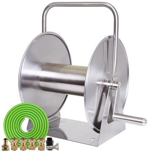 Stainless Steel Garden Hose Reel Stand, Wall Mounted/Floor Standing, Includes 2m Inlet Hose, Hand Crank for Easy Car Washing