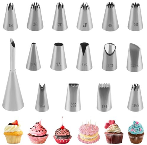 16 Pezzi Beccucci Sac à Poche Professionali in Acciaio Inox, Ugelli Grandi per Decorazione Torte Cupcake Bignè, Bocchette Pasticceria con Beccuccio per Bignè e Forme Diverse