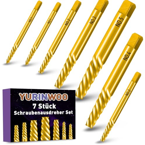 7 Pièces Kit Extracteur de Vis Cassées Revêtu Titane, Acier CrV, Dureté 80 HRC, M3-M18 Extracteur de Boulons avec Coffret de Rangement, Adapté au Retrait de Vis, Tuyaux et Boulons