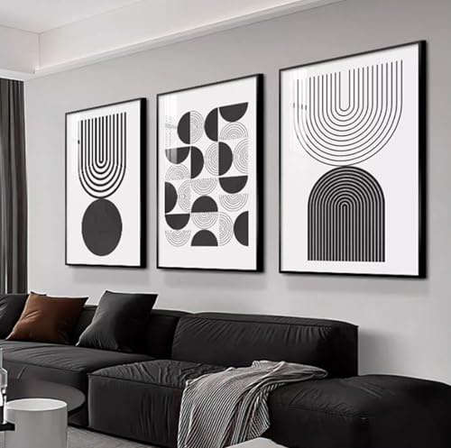 3er Abstrakt Poster Set Wandbilder Bilder Schwarz Weiß Bilder Set Moderne Leinwand Bilder Wohnzimmer Kunst Linie Wandposter Schlafzimmer Deko Kein Rahmen (60x90cm,A)