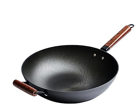 Woks y sartenes de Hierro Fundido pre-sazonados, Olla Profunda de Hierro Fundido de Fondo Redondo de Estilo Antiguo con Tapa de Madera para Comida Tradicional China.