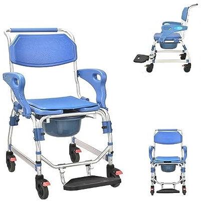 Sedia da toilette 3 in 1, con sedile imbottito per doccia a rotelle e sedia da trasporto per anziani disabili e soggiorno assistito