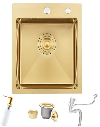 Bokaiya Gold Bar Sink 35x45cm Stainless Steel Drop-in Topmount Single Bowl | 16 Gauge · RV Wet Bar for Outdoor Campervan · Drain Strainer · Soap Dispenser · Drop-in Topmount Install · Gold Basin Design