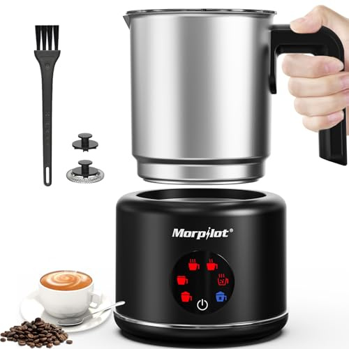 Morpilot Milchaufschäumer Elektrisch, 6 in 1 Milchschäumer für heißer, kalter Milchschaum und heißer Schokolade, 500ml, 600W, Latte-Design, Spülmaschinenfest, Antihaftbeschichtung, Edelstahl, Schwarz