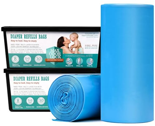 MOEMOE BABY blöjhink påfyllningskassetter, 2 stycken, med MAX ODOR LOCK-teknik och läckagesäker, 60 påsar för babyrum, kök och badrum, blå