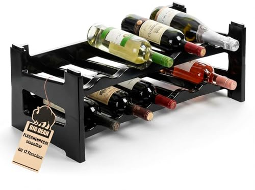 BigDean Flaschenregal stapelbar für 12 Flaschen Weinregal aus Kunststoff | Farbe Schwarz, Getränkeregal Flaschen Regalsystem für Glas- & PET bis 1,5 Liter, Weinflaschenregal, Stapelregal