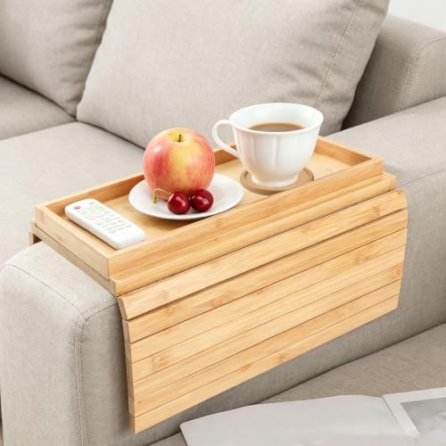 Vassoio per bracciolo in legno massiccio, tavolino salvaspazio per snack e bevande, scanalature antiscivolo, include 1 sottobicchiere in legno, organizer per bracciolo del divano