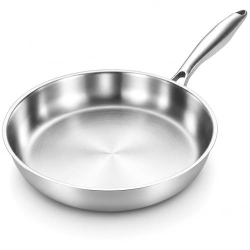 DELARLOCHEF Edelstahlpfanne 28 cm, Durchgehend 3-lagig (3 mm) Bratpfanne | Unbeschichtet, Energieeffizient, für Induktion, Backofenfest bis 400°C, Geeignet für Steaks, Hähnchenbrust
