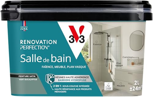 V33 Peinture Rénovation Perfection® Salle de Bain Eucalyptus Satin 2L | Haute Adhérence - Barrière Hydrofuge - Sous-Couche intégrée - Ecolabel - Faïence - Meuble - Plan Vasque