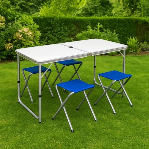 PALUPLUS Set Tavolo Campeggio in Alluminio con 4 Sgabelli pieghevoli di colore Blu, Tavolino da 121x61,5x70 cm, Design Pieghevole a Valigetta con Maniglia, Set per picnic, gita -8095F