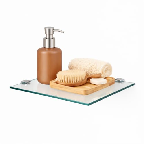 Euro Tische Glas Eckregal 25 x 25 cm, Wandregal für Badezimmer, Duschregal Bad, Glas Badregal mit 6mm ESG Sicherheitsglas, Verschiedene Größen (Klar)