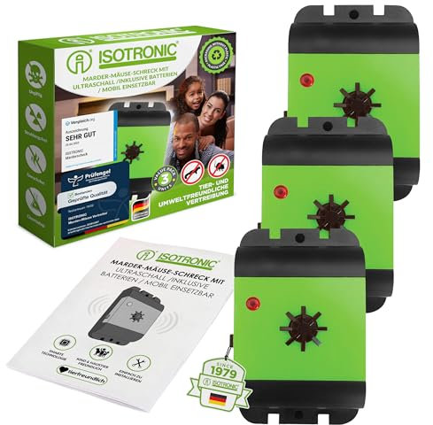 ISOTRONIC Marderscheuche Marderfix | Batterie Marderabwehr Marder-Frei Mobil | Mäuseschreck für Auto KFZ Dachboden Keller | Marderfrei Marderschutz mit Ultraschall Akustik