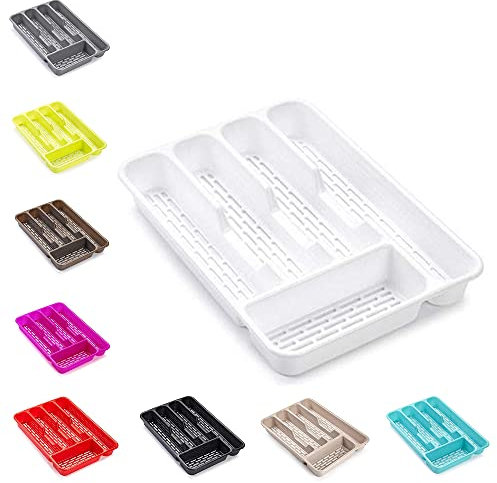 PLASTIFIC Large CUTLERY TRAY Flatware Organiser Strong Plastic Drawer Sliding Tidy (White, 33 x 24 x 4.3)