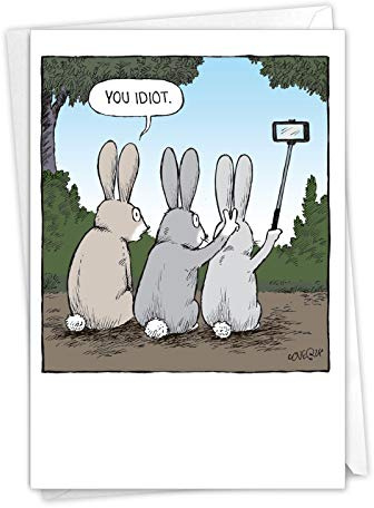NobleWorks - 1 Funny Easter Card with Envelope - Humor Notecard for Easter (1 Card) - Bunny Selfies C2750EAG