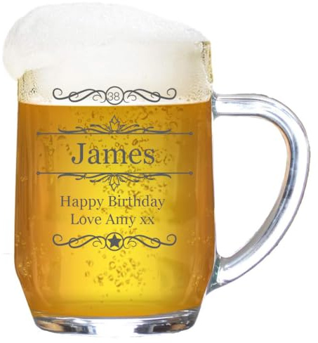 Personalised Tankard ‘Ornate Star’ Engraved Beer Glass Stein | 1 Pint Beer Mug with Handle | Gift for Birthdays, Weddings, Anniversaries | Customise with Any Message Name or Occasion, 590 ml