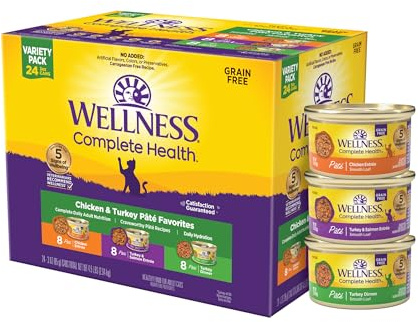 Wellness Complete Health Pate Variety Pack Adult Canned Wet Cat Food, Natural, Protein Rich, Grain Free, Chicken and Turkey Favorites, 3 oz, Pack of 24 Cans