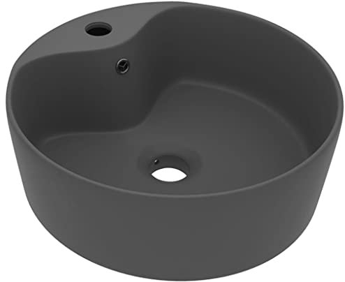 vidaXL Lavabo Lujoso con Rebosadero Tocador Montado Encima Piedra Vasija Aseo Indoro Cocina Garaje Fácil de Limpiar Cerámica Gris Oscuro Mate 36x13 cm