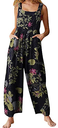 Acrawnni Women's Dungarees Vintage Floral Printed Loose Casual Baggy Sleeveless Overall Long Jumpsuit Playsuit Trousers Pants Romper