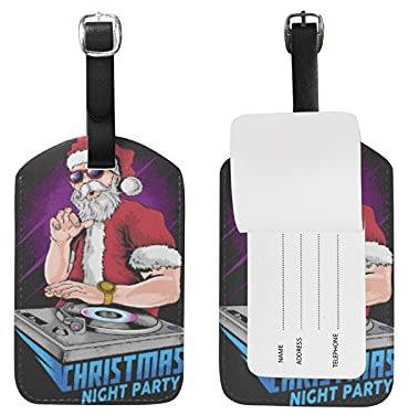 Père Noël Musique DJ Night Party Etiquettes à Bagages de Valises Voyage en Cuir Etiquette Nom Adresse ID Tags Drôle pour Les Garçons Filles(3PACK)