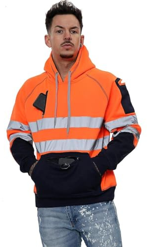 Hamishkane Ny herr reflekterande Hi Vis synlighet huvtröja kontrast lapp fleece arbete huvtröja jacka, 3 fickor med dragkedja neon orange/marinblå, M
