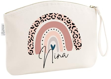 minimutz Schminktasche für Mädchen mit Regenbogen & Name | Motiv Rosa Leo inkl. Namensdruck|Personalisierter Kulturbutel Kosmetiktäschchen Organizer Damen M (19x17 cm) beige