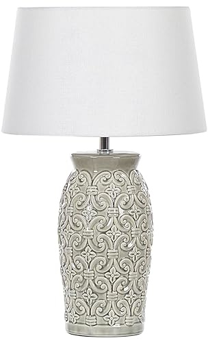Beliani Tischlampe 48 cm Keramik grau Stoffschirm weiß Kabel mit Schalter Antik Khoper