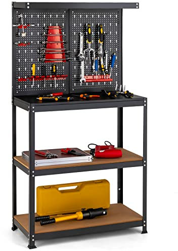 GOPLUS Banco de Trabajo Taller, Carga 100 kg, 810 x 410 x1555 mm, Mesa de Herramientas Carga con Tablero Perforado Metal, Estante Abierto, 14 Accesorios para Colgar (Negro+ Rojo Panel)