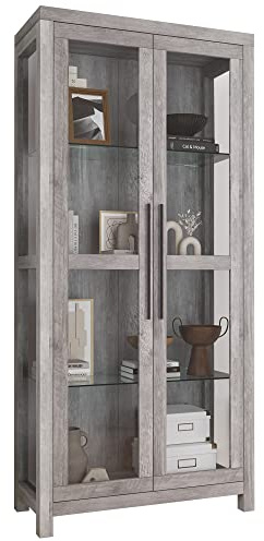 BELLEZE Glass Display Cabinet, Tall Curio Cabinet with Tempered Glass Doors for Living Room, Trophy Display Case - Avalon (Gray Wash)