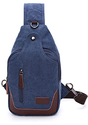 FANDARE Vintage Brusttasche Leinwand Schultertasche Herren Sling Chest Bag Beidseitig Umhängetasche mit Kopfhörerloc für Outdoor Sport Wandern Radfahren Reisen Schultertasche Crossbody Bag Dunkelblau