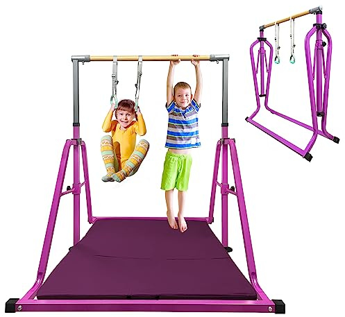 GLANT Gymnastics Bar for Kids with Swing Set, 8 Heights Adjustable Easy Folding Gymnastic Training Bar Kids Monkey Horizontal Bars - Max Load 300LBS (Purple-MAT)