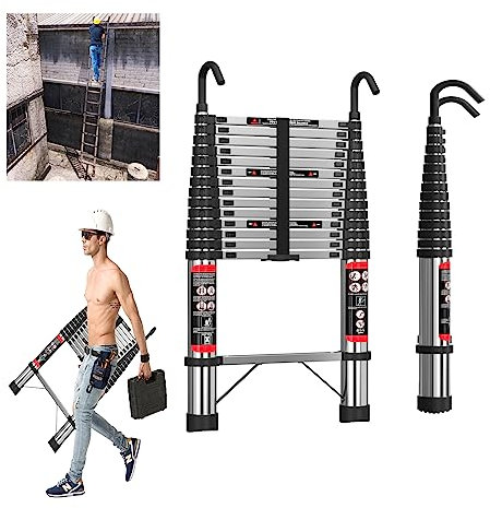 Telescopic Ladder 4M/14.4FT Multi-Purpose Folding Steel Telescoping Ladder Extendable Portable Loft Ladder Resistant Foldable Ladder with EN131, Corrosion Resistant