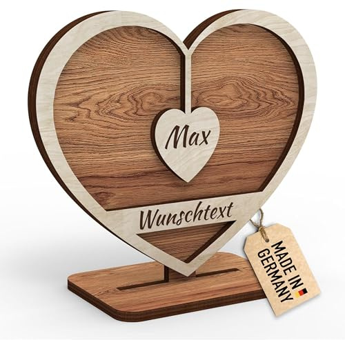 Urhome Holz Herz mit Gravur 1 Name personalisiert Holzdeko Herzform Schild Geschenk für Großeltern Mama Oma Opa Eltern Mutter Hochzeit Muttertag Wunschtext Individuell mit Ständer