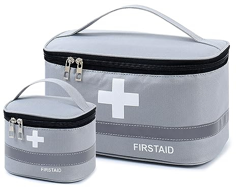 2Pcs First Aid Kit Bags, Portable Empty Medicine Bags Family First Aid Organiser Box, Medical Medicine Bags for Outdoor, Travel, Camping, Work (Grey)