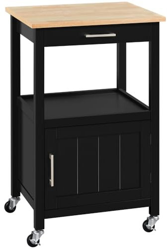 Yaheetech Kitchen Island on Wheels, Kitchen Storage Trolley with Cabinet & Drawer & 3 Hooks, Rolling Utility Cart for Dining Room Living Room, Black