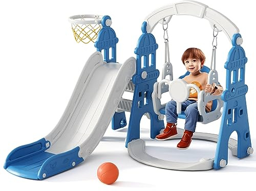 KORIMEFA 4-in-1 Kids Slide and Swing Set, Toddler Slide with Basketball Hoop, Swing, Outdoor Indoor Playground for Toddlers 1-3 (4 in1-Blue)