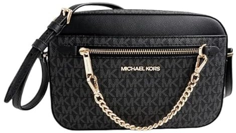 Michael Kors Jet Set East West Umhängetasche aus Leder, groß, mit Kette (Black Signature), Schwarz