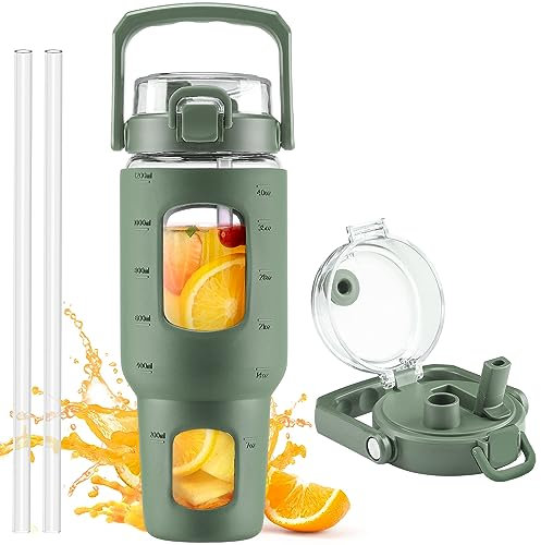 HYDRAGLAZIC 1200ml Glasflasche mit Strohhalm