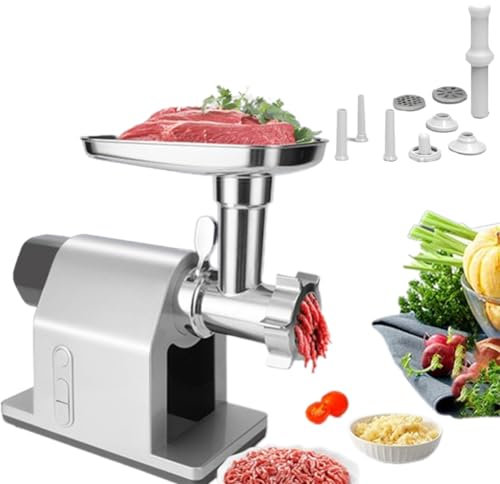 Picadora eléctrica de carne y salchichas – Potente función inversa, 3 boquillas (14/20/22 mm), 2 cuchillas de metal (4 mm/7 mm) – Ideal para cocineros caseros y profesionales culinarios