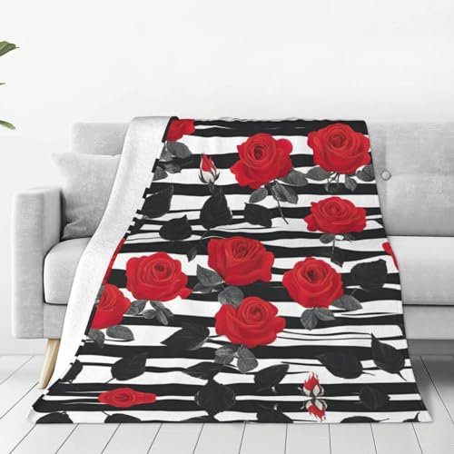 Fleecedecke, superweich, gemütlich, 127 x 152,4 cm, leichte Überwurfdecke für Couch, schwarz-weiße Streifen, rote Rosen